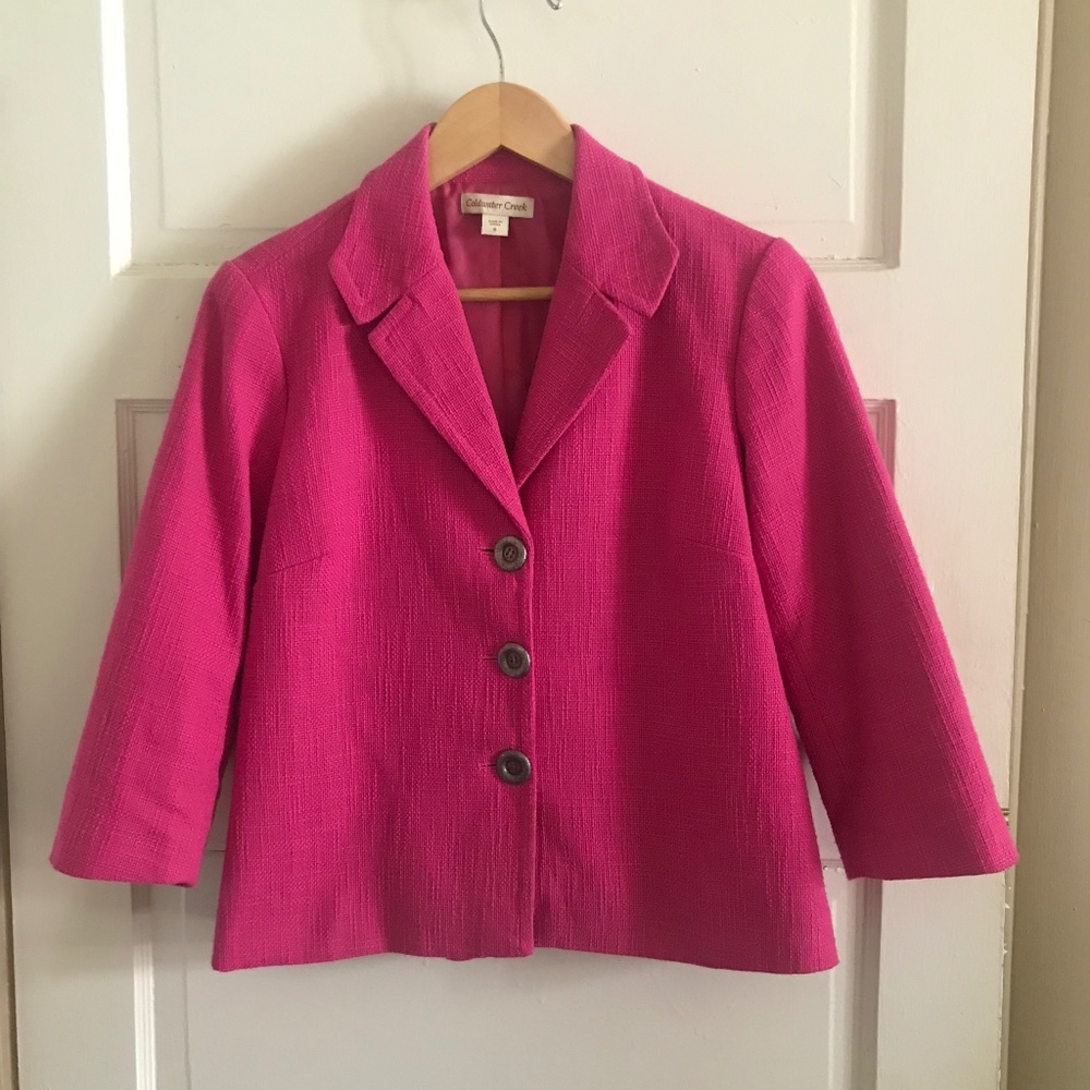 COLDWATER CREEK Button Front Tweed Blazer Jacket hot Barbie pink 3/4 sleeve SZ 8